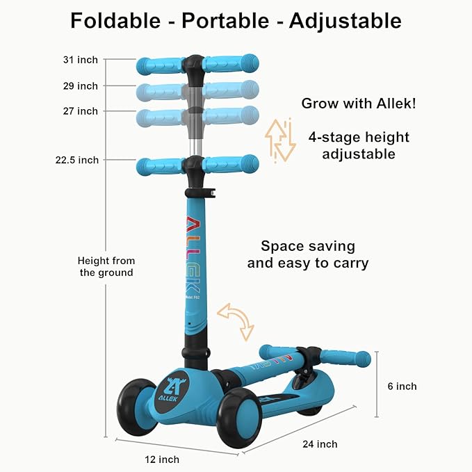 Allek Kick Scooter Foldable F02, 3-Wheel LED Flashing Glider and 4 Adjustable Height with Anti-Slip Thick Deck Push Scooter for Children 3-12yrs