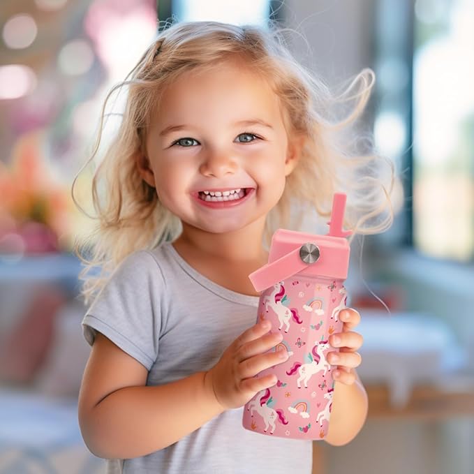 Unicorn Water Bottle for Girls - Kids Water Bottle with Straw Lid - 12 Oz Insulated Stainless Steel Water Bottles for Kid - Travel Cup for School Sports