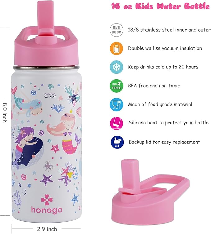 16 oz Stainless Steel Insulated Kids Water Bottle, Leak Proof Metal Thermal Flask with Straw lid, Cute Toddler Tumbler Cup for School Girls & Boys (White, Mermaid)