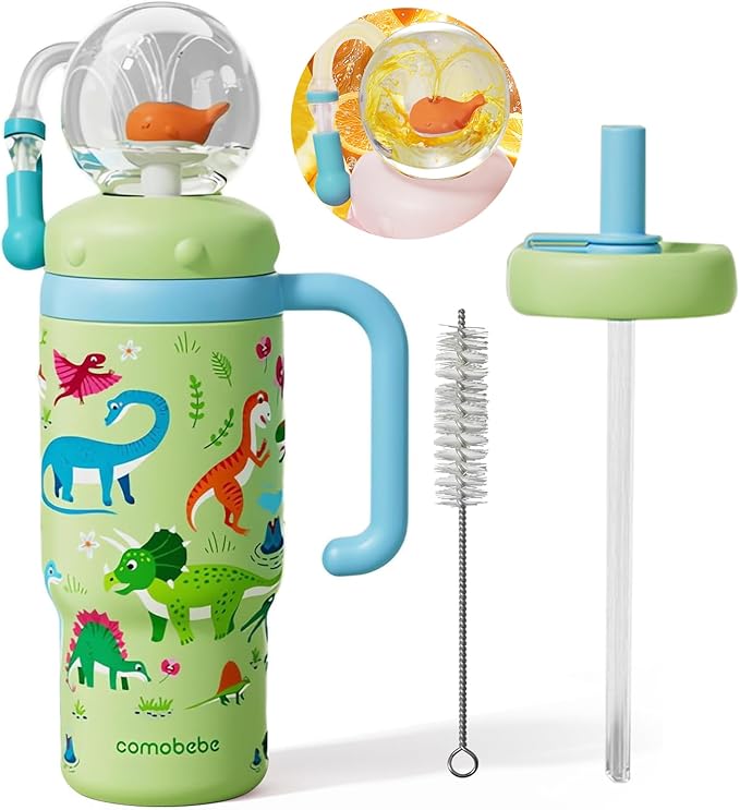 Insulated Whale Fountain Cup, 24 oz Stainless Steel Travel Mug with Handle, Leak-Proof Straw Cup, 2025 model - Washable. Suitable for children, teenagers and adults (Green dinosaur)