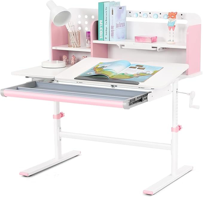 COSVALVE 39in Wide Adjustable Height Kids Desk with Tilting Desktop, Steel Frame, Drawer, and Bookshelf Hutch, Study Child Table for Ages 3-12, Pink