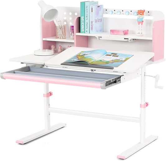 COSVALVE 39in Wide Adjustable Height Kids Desk with Tilting Desktop, Steel Frame, Drawer, and Bookshelf Hutch, Study Child Table for Ages 3-12, Pink