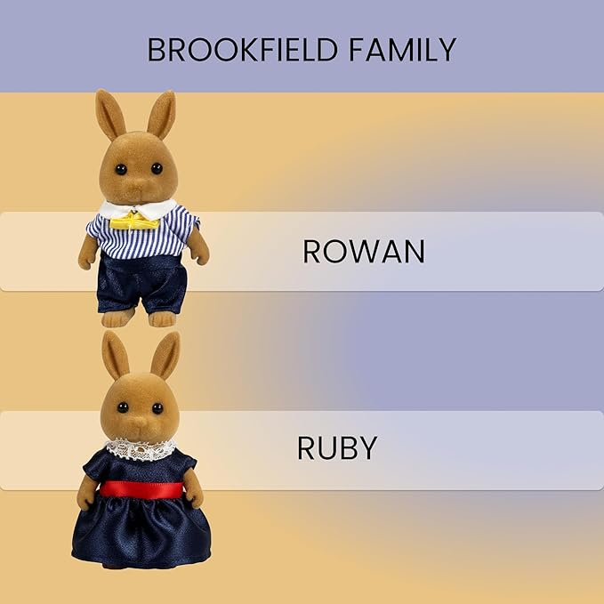 Family Brown Rabbit Figures — Set of 2 Collectible Flocked Mini Dolls with Removable Clothes, Miniature Dollhouse Pretend Play Figures for Kids Ages 3+