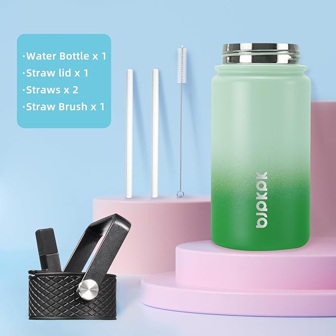 BJPKPK Water Bottle with Straw Lid, 15 oz Insulated Water Bottle, Stainless Steel Metal Water Bottles, Reusable Leak Proof BPA Free Thermo, Flask, Cups, Meadow