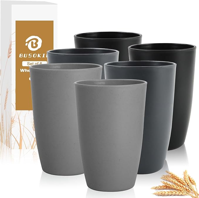 Wheat Straw Cups 20 OZ Set of 6, Unbreakable Drinking Cup Reusable, Alternative to Plastic Cups Reusable, Kitchen Water Tumblers Dishwasher and Microwave Safe (Black, Grey)