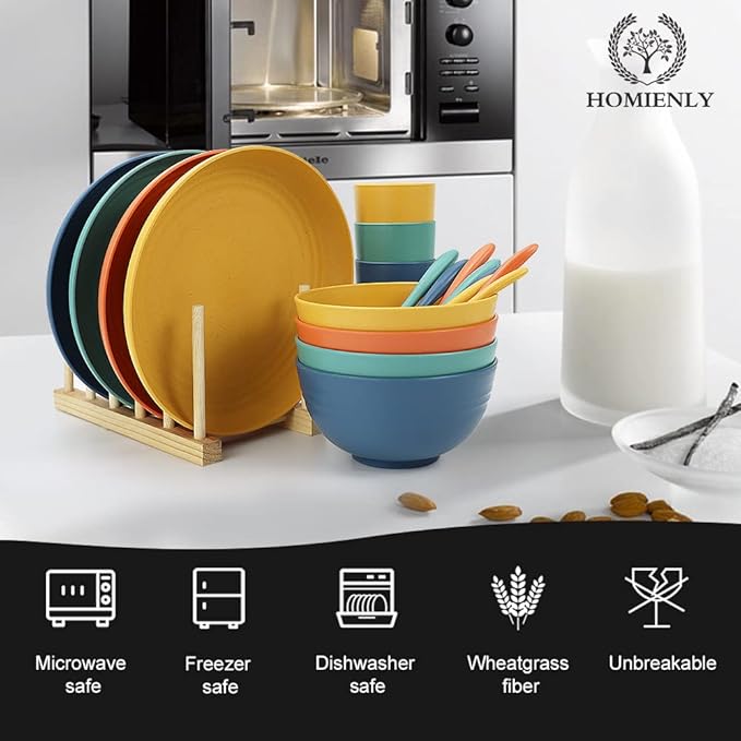 Homienly Wheat Straw Plates and Bowls Sets, 20 PCS Dishes Dinnerware Sets,Unbreakable Microwave and Dishwasher Safe Dish Set, Reusable Kids Plates and Bowls Sets for Kitchen, Outdoor, RV (Multicolor)