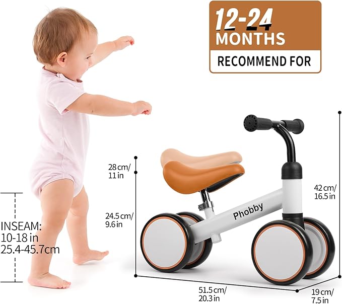 Baby Balance Bike for 1 2 Years Old Boys Girls, 4 Wheels Toddler Bike with Adjustable Seat, 12-24 Months Kids First Birthday Christmas Toy Gift
