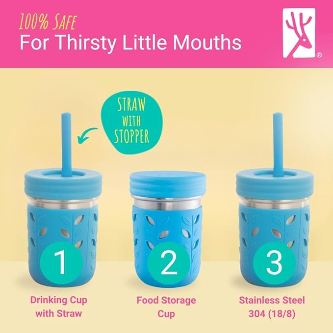 Elk and Friends 10oz Stainless Steel Kids + Toddler Drinking Cups | The Original Mason Jar with Sleeves + Lids | Silicone Straws | Smoothies | Storage Jar | Spill Resistant | Dishwasher Safe | 2 Pack