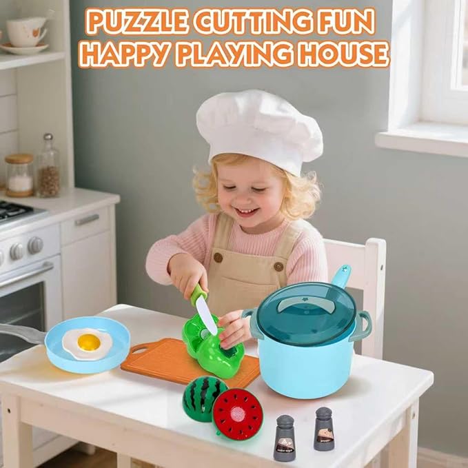 90Pcs Kitchen Playset Accessories, Pretend Cooking with Pots, Pans, Cookware, Food, Fruit, Veges, Color Sorting Baskets, Prop Money, Learning Gift for Girls Boys Toddlers (Turquoise)