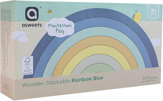 Asweets Wooden Stackable Rainbow Toy, 8 PCS Wooden Building Blocks Set for 1 2 3 Baby, Kids and Toddlers, Montessori Rainbow Nesting Puzzle, Best for 18M+, Cognitive Development (Blue)