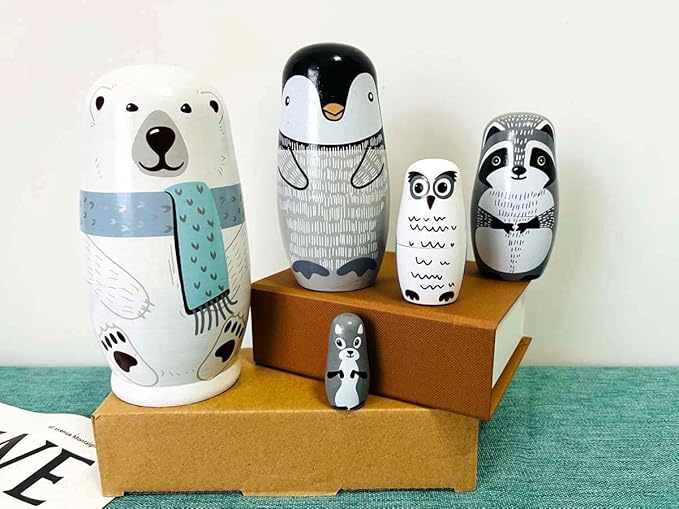 Polar Bear Nesting Dolls - Cute Animal Matryoshka Doll Handmade Wooden Dolls for Children Christmas Birthday Decoration Halloween Wishing Gift,Set of 5