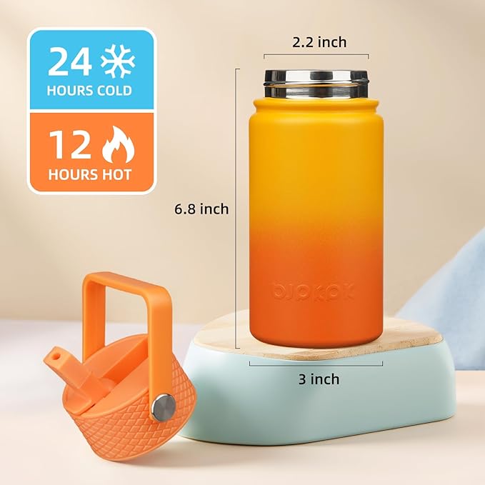 BJPKPK Insulated Water Bottle with Straw Lid, 15oz Cute Water Bottles, Stainless Steel Metal Thermo, Reusable BPA Free Leak Proof Tumblers, Cups,Sunset Orange