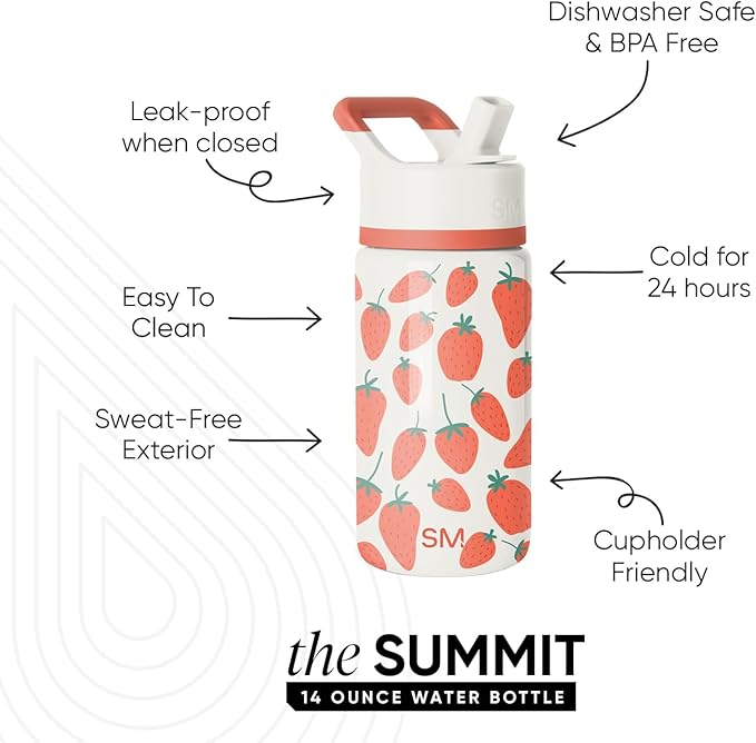 Simple Modern Kids Summit Water Bottle with Straw Lid | 14oz Stainless Steel Cup Insulated Tumbler Tumbler for Girls, School | Strawberries on Cream