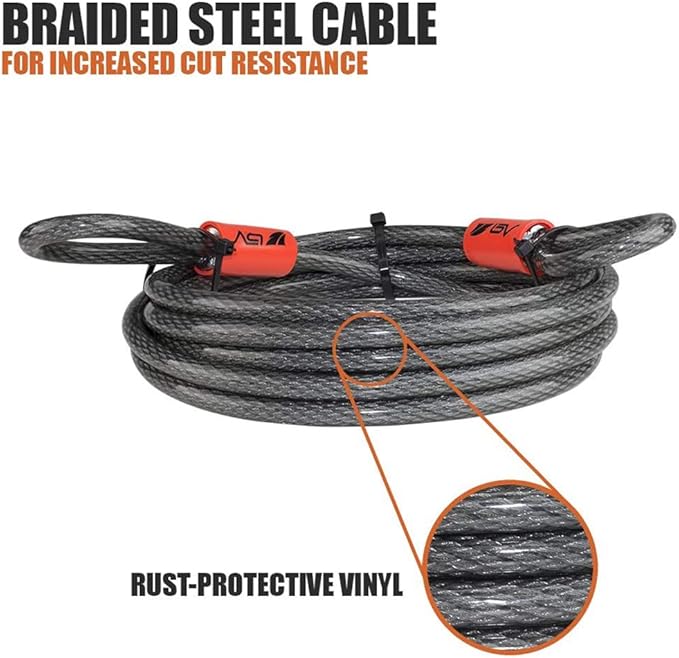 BV Heavy-Duty 15FT Security Cable with Loops-10mm (3/8 Inch) Cut-Resistant Braided Steel Cable-Versatile & Weatherproof-Security Chain for Padlock, Chain Lock, Wire Lock (Pair)