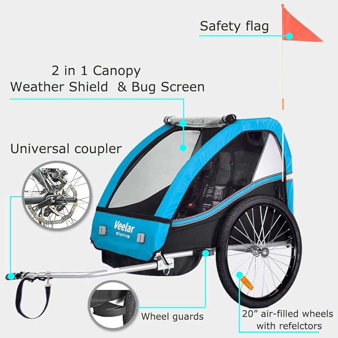Veelar Sports Bike Trailer Double Seat for 1 or 2 Toddlers, Kids, Child Bicycle Carrier