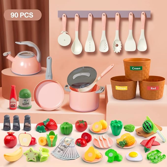 90Pcs Kitchen Playset Accessories, Pretend Cooking with Pots, Pans, Cookware, Food, Fruit, Veges, Color Sorting Baskets, Prop Money, Learning Gift for Girls Boys Toddlers (Pink)