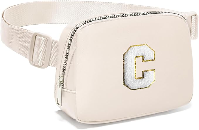 Gitus Birthday Gifts for 8 9 10 11 12 13 Year Old Girls Personalized Fanny Pack Crossbody Bags with Initial Letter Patch Belt Bag for Teen Girls Cute Trendy Stuff Travel Essentials (Ivory-C)
