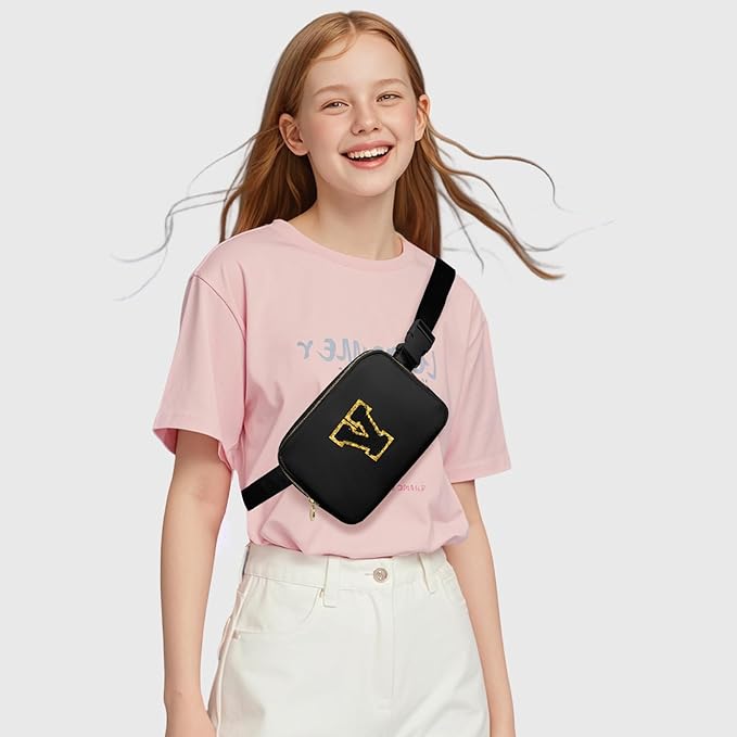 Birthday Gifts for 8 9 10 11 12 13 14 Year Old Girls, Personalized Crossbody Bags Fanny Pack with Initial Letter Patch, Mini Belt Bag for Teen Girls Cute Trendy Stuff Travel Essentials (Black,V)