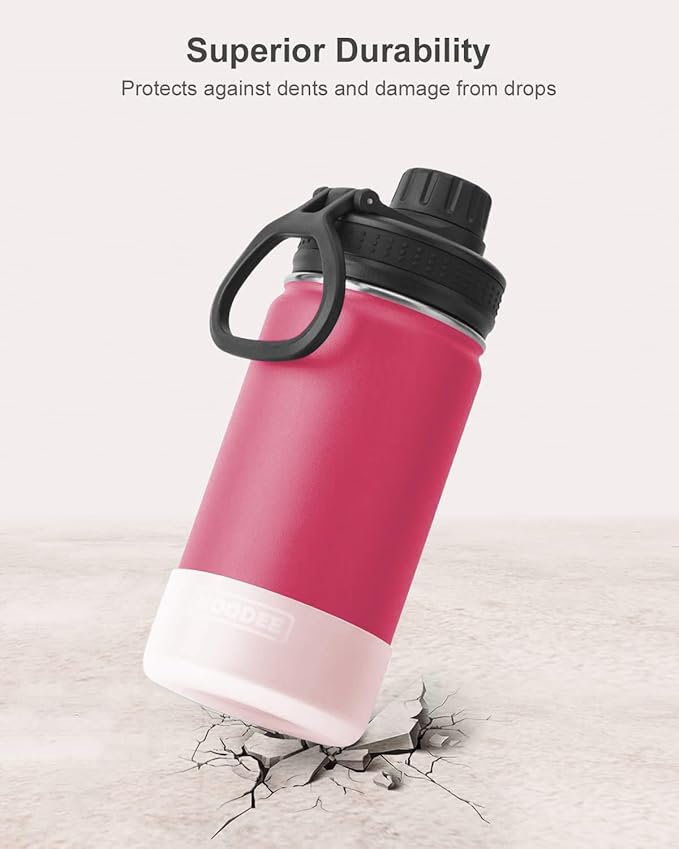 koodee Small 12oz Stainless Steel Vacuum Insulated Wide Mouth Water Bottle with Leakproof Spout Lid (Pink Red)