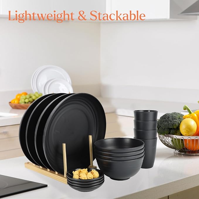 Wrova Wheat straw dinnerware sets of 16-10 inches plates,26oz bowls,2oz dipping bowls,12oz cups - Unbreakable plates and bowls sets microwave safe and dishwasher safe,service for 4. Black