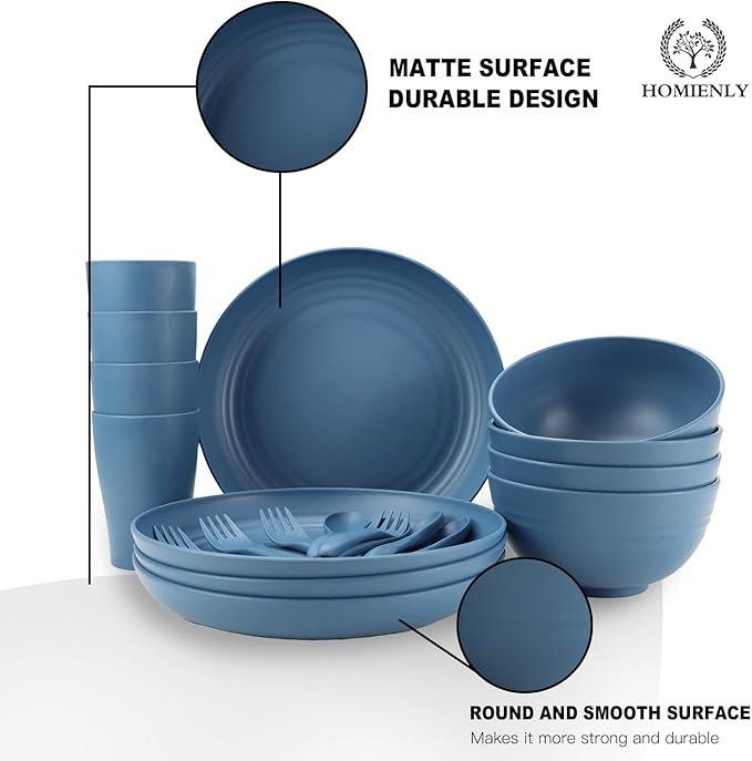 Wheat Straw Dinnerware Sets, Homienly 20pcs Unbreakable Microwave Dishwasher Safe Tableware Lightweight Bowls, Cups, Plates Set Reusable Dinner Plates Bowls set (Blue)