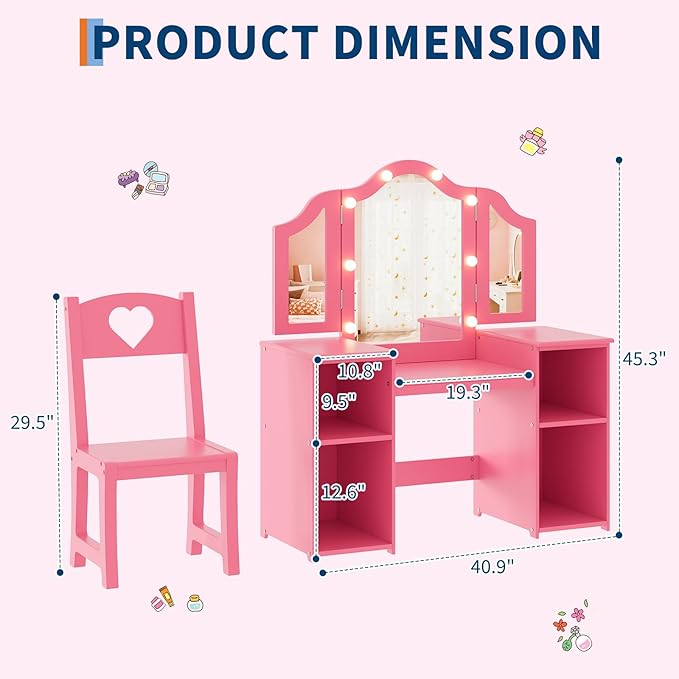 Kids Vanity with Lights,Princess Makeup Desk and Chair with Tri-Fold Mirror,Open Bookshelf, Storage Cabinet,Toddler Vanity,Pretend Play Dressing Table for Little Girls,Pink