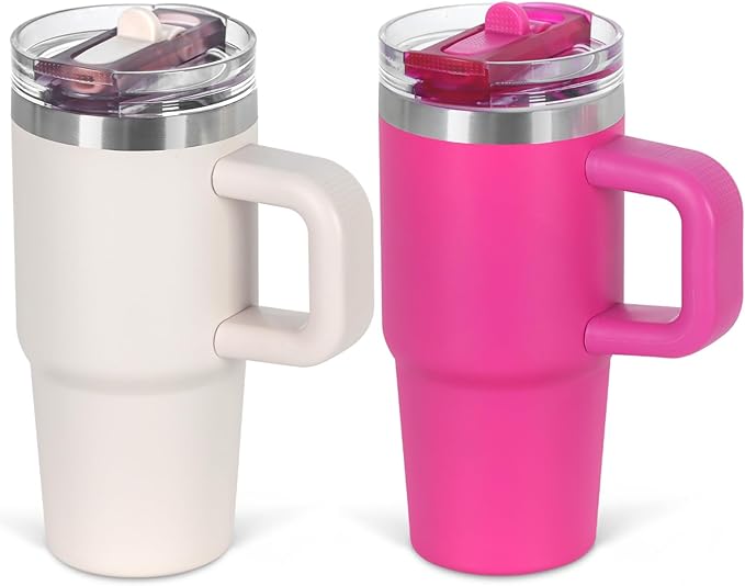 Cosictic 14 Oz Flip Straw Tumbler with Handle for Kids, Stainless Steel Double Wall Insulated Cup for Children with Flip Top Lid, 14 Oz Leak-proof Cups for Kids, Hot Pink and Rose Quartz