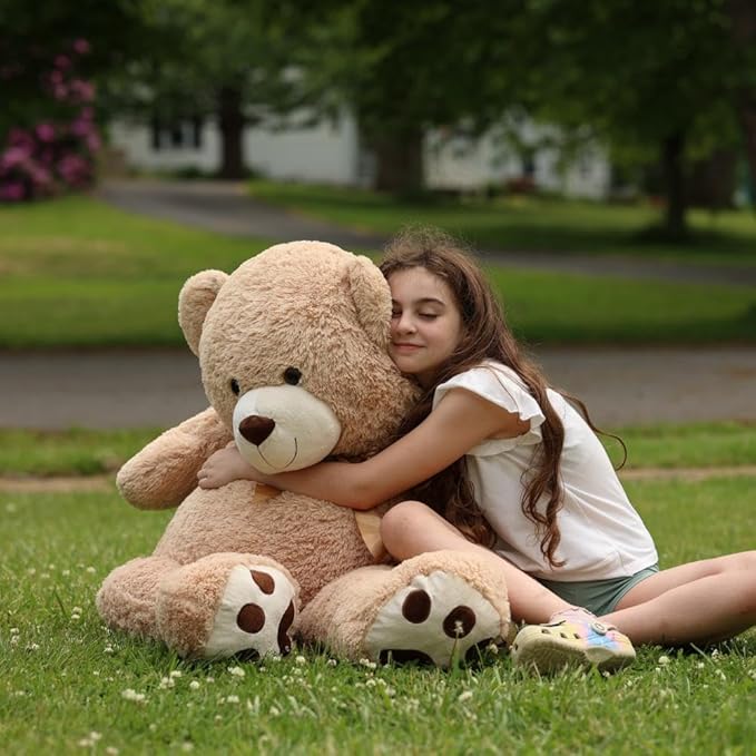 MaoGoLan Giant Teddy Bear Stuffed Animal, 52" Large Tan Teddy Bear Plush Toy with Cute Bow Tie & Footprints, Soft Sunggle Bear Plushies Gift for Kids Grilfriend Wife on Christmas Birthday Baby Shower