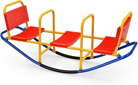 3-Person Teeter Totter Seesaw, Sit and Spin 360° Rotating Rocking Toy for Toddlers, Heavy Duty Metal Seesaw for Kids Outdoor, 3-Seater Backyard Playground Equipment for Ages 3-8 (Red)