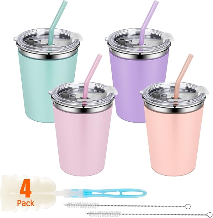 Kids Cups Spill Proof, 4 Pack 12oz Stainless Steel Toddler Cups with Straws and Lids, Sippy Cup with Silicone Sleeves, Kids Cups for School Home