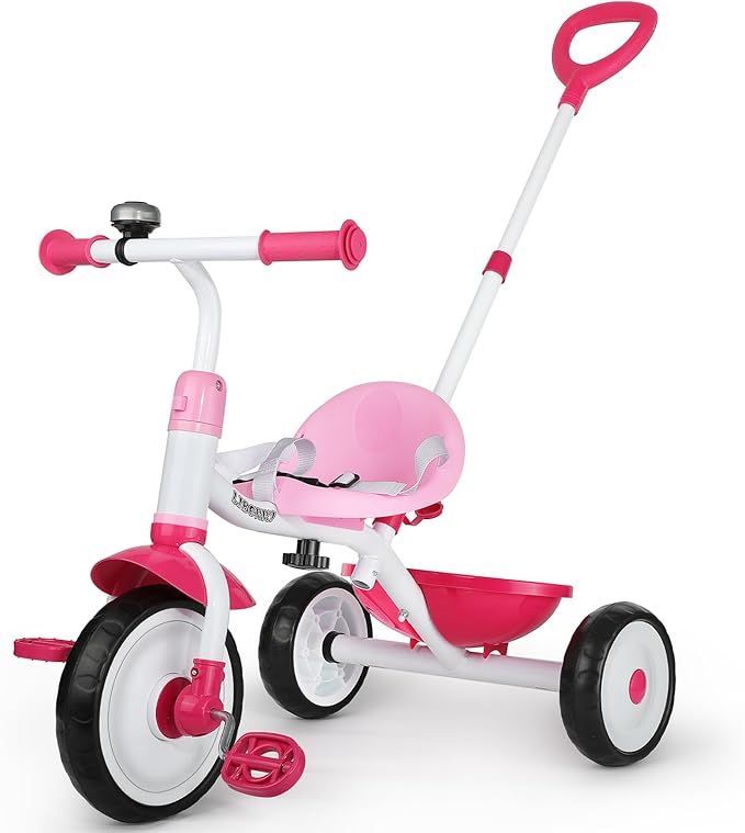 Liberry 2 in 1 Toddler Tricycle Age 2 3 4 Years Old, Kids Trike with Adjustable Push Handle, Bell & Basket, 3 Wheel Bike Riding Toy Birthday for Girls Boys, Pink