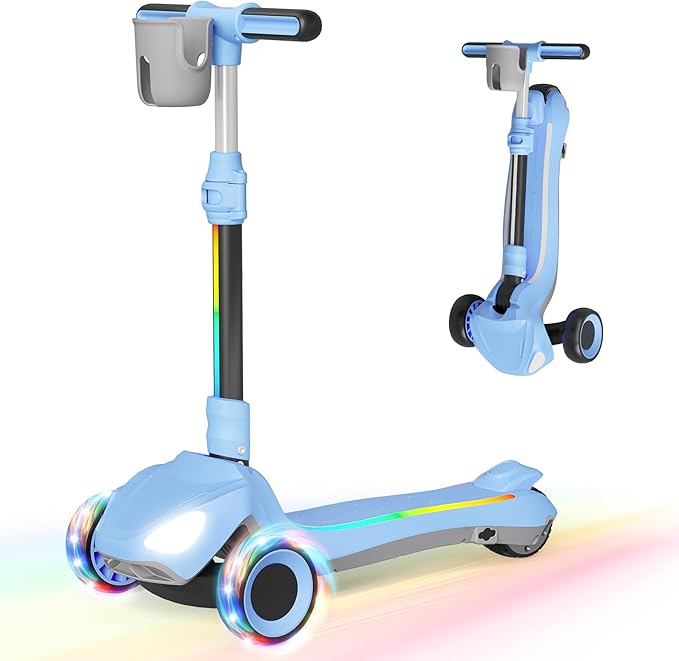 Electric Scooter for Kids with 3 LED Lighted Wheels, Adjustable Height & Lean-to-Steer, Anti-Slip Deck with Lights, Easy-Fold Mechanism, Balance Scooter for Kids,Toddlers