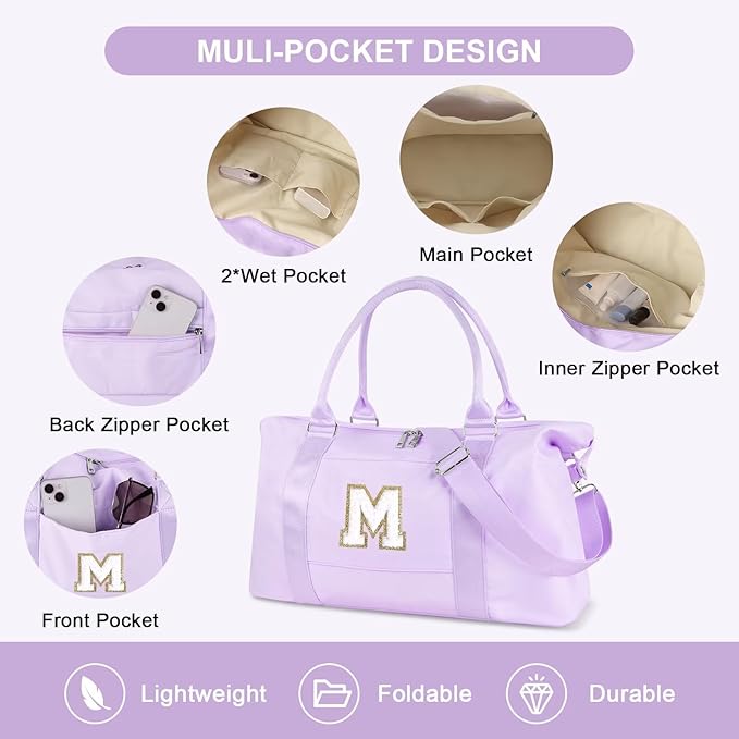 Dance Gym Duffel Bag for Teen Girls, Personalized Initial Travel Weekender Bag,Cute Overnight Carry On Duffle for Women,Sports Travel Cheer Bag,Monogram Christmas Gifts for Tween Preppy(purple-M)