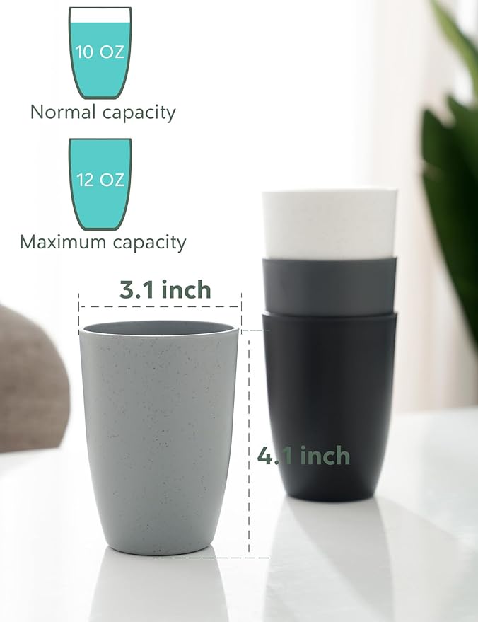 12 OZ Wheat Straw Cups Reusable Drinking Tumblers, Unbreakable Cups for Kitchen - BPA Free, Dishwasher Safe, Set of 8, Ombre Grey