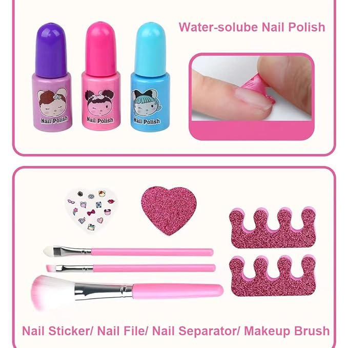 Pongnas Girls Makeup Kit Kids Cosmetics Play Set with 6 Lip Gloss 6 Eye Shadow 6 Cheek Cream 3 Nail Polish Travel Safe Washable Real Makeup for Little Girls