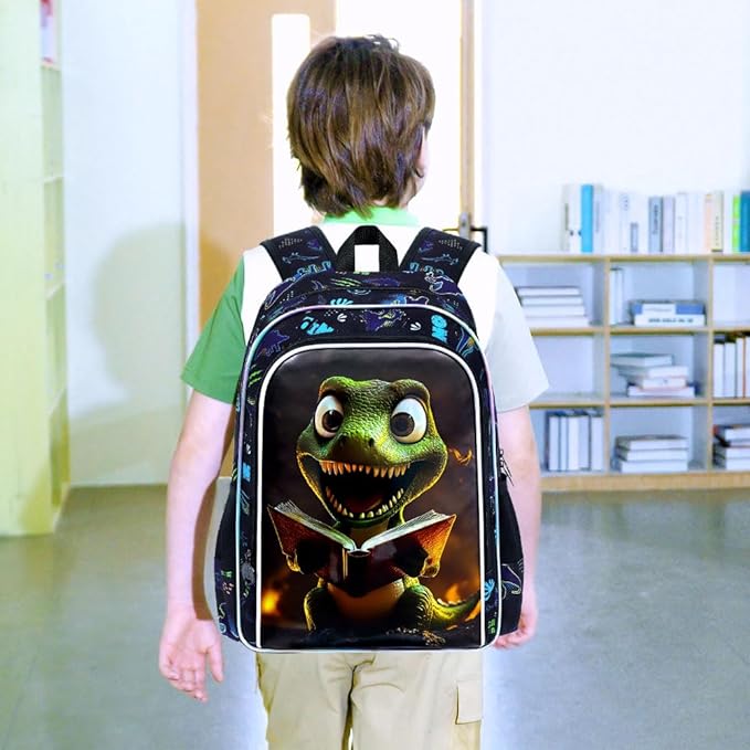3Pcs Dinosaur Backpack for Boy, 16" Bookbag for Elementary Preschool Kindergarten, Kids School Backpacks with Lunch Box (Black)