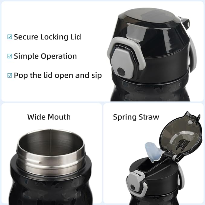 Insulated Water Bottle with Straw and Carry Loop,18 oz Stainless Steel Double Wall Vaccum Metal Water Flask with Leak-proof Lid,Black Leopard