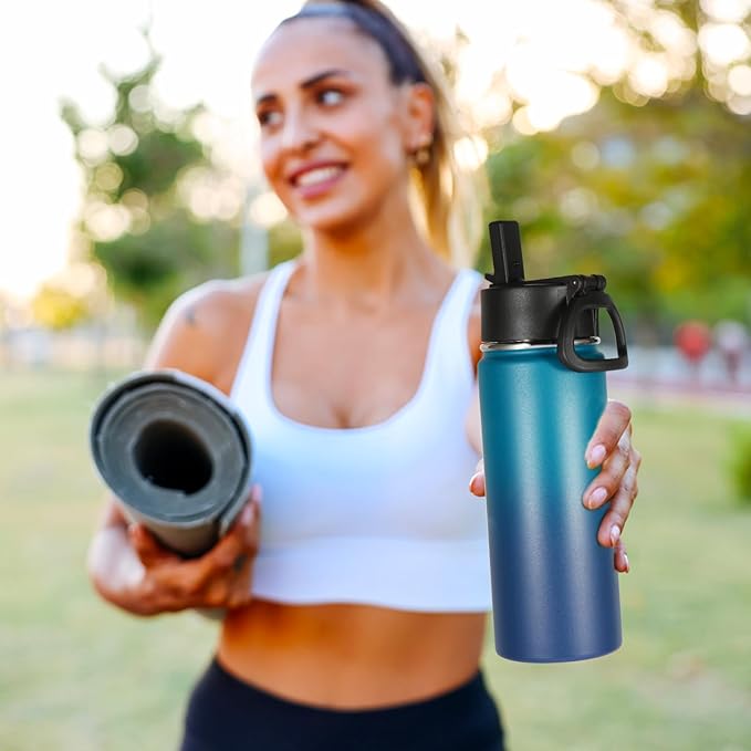 Volhoply 16 OZ Kids Water Bottle Bulk 8 Pack,Insulated Sports Bottles with Straw Lid,Stainless Steel Bottle with Handle Keep Cold & Hot,Double Wall Vacuum Tumbler Cups for School(Dark Night, 8)