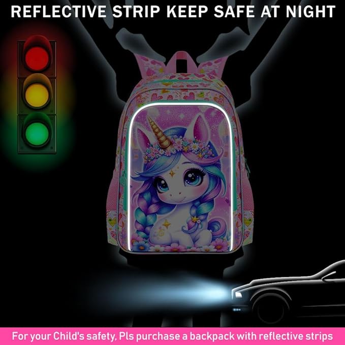 CCJPX 3Pcs Unicorn Backpack for Girls, 16” Kids Bookbag with Lunch Box, Water Resistant Elementary School Bag for Kindergarten Preschool Toddler (Pink)