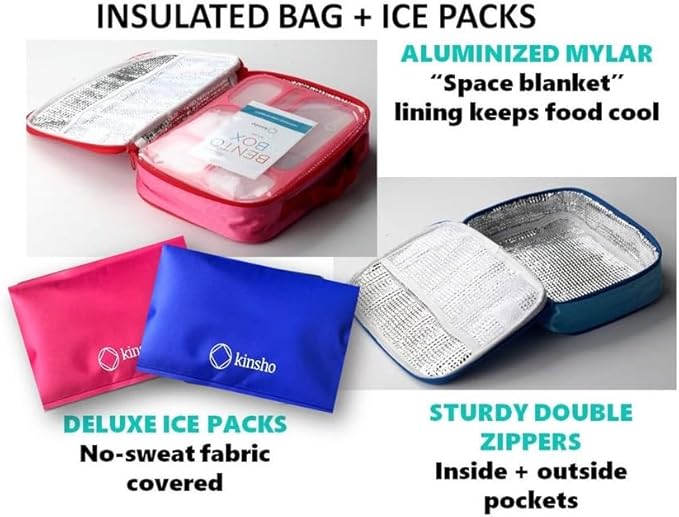 kinsho Bento Lunch Boxes with Bag and Ice Packs | Bento-Box Insulated Bag Ice Cold Pack Set of Two for Kids Adults | Value Container Set for School Kid Lunches, 6 Compartments BPA Free, Blue & Pink