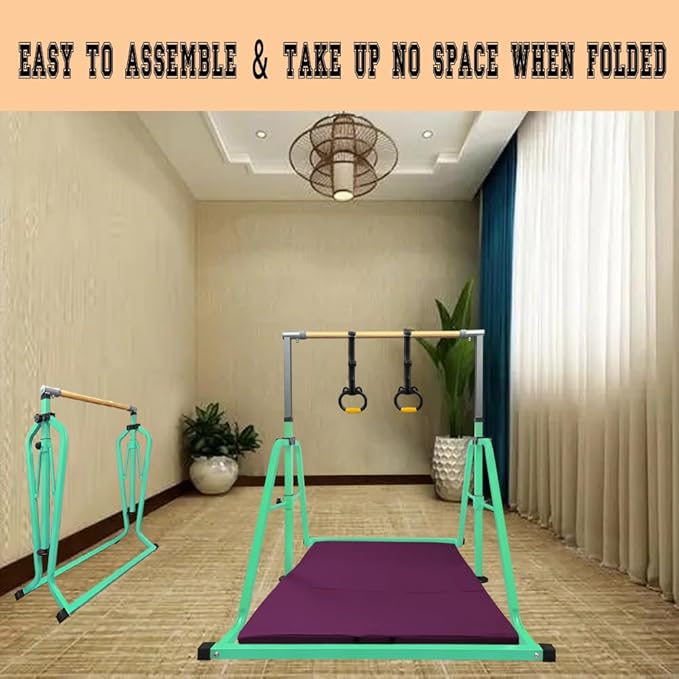 Foldable Gymnastics Kip Bar,Horizontal Bar for Kids,No Wobble Gym Equipment for Home Indoor,3' to 5' Adjustable Height,Gymnasts 1-4 Levels,300 lbs Weight Capacity