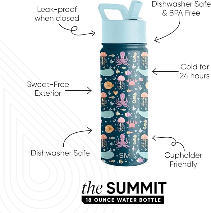 Simple Modern Kids Summit Water Bottle with Straw Lid | 18oz Stainless Steel Cup Insulated Tumbler for Toddlers, School | Under the Sea