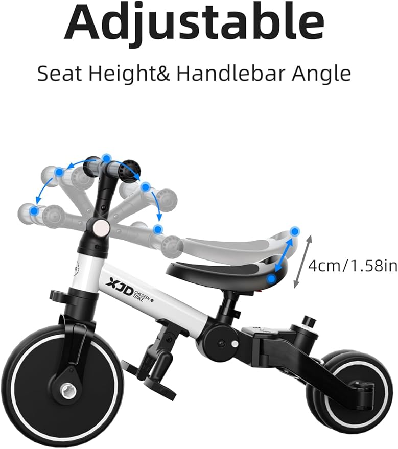 XJD Toddler Bike, 6 in 1 Folding Toddler Tricycle for 1-4 Year Old with Parental Control Handle, Balance Bike with Removable Pedal, Backrest, Adjustable Seat and Handle, First Birthday Gifts (White)