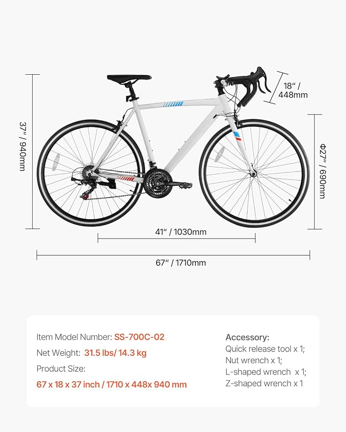 VEVOR Road Bike, 700C Wheels Racing Bike, Shimano Drivetrain City Commuter Road Bicycle, Urban Adult Sport Bicycle with Drop Bar, for Men and Women