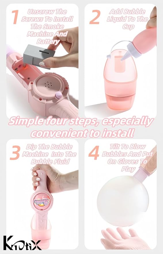 Elastic Smoke Bubble Machine for Kids - Rechargeable Magic Bubble Wand with Lights & Sound, Includes Gloves & Spill-Proof Cup, Safe Bubble Solution, Green & Pink (Pink)