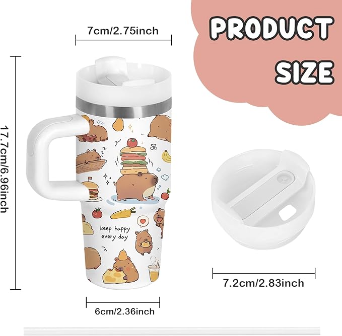 Capybara Gift for Women, 14oz Capybara Tumbler with Handle, Lid & Straw - Vacuum Insulated Stainless Steel Travel Mug - Hot/Cold Car Cup for Commuting, Office - Kawaii Water Bottle Gifts for Adults