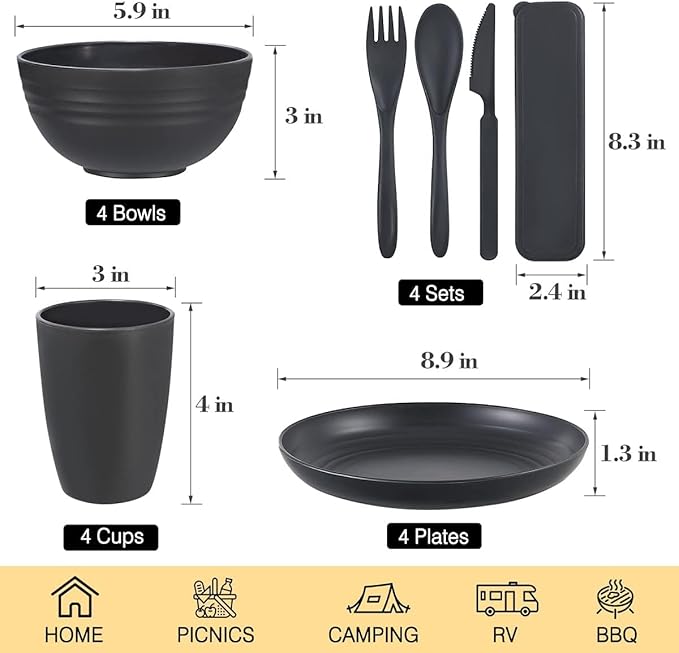 Wheat Straw Dinnerware Sets, Wheat Straw Plates and Bowls Sets for 4 Kitchen Dishes 28pcs College Dorm Room Essentials Cutlery Set Microwave Safe (Black)