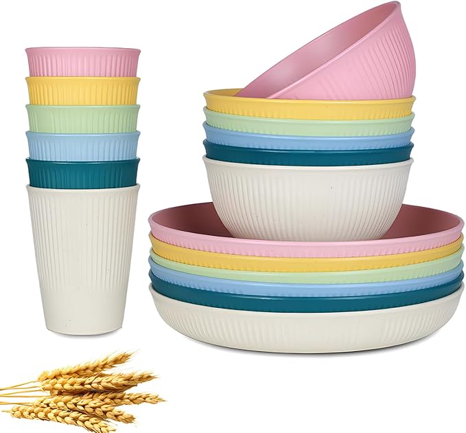 18pcs Wheat Straw Dinnerware Sets, Unbreakable dish Set Reusable Plates, Bowls, and Cups Set dishes Dishwasher Microwave Safe for Kitchen Outdoor Travel Camping (Light Macron)