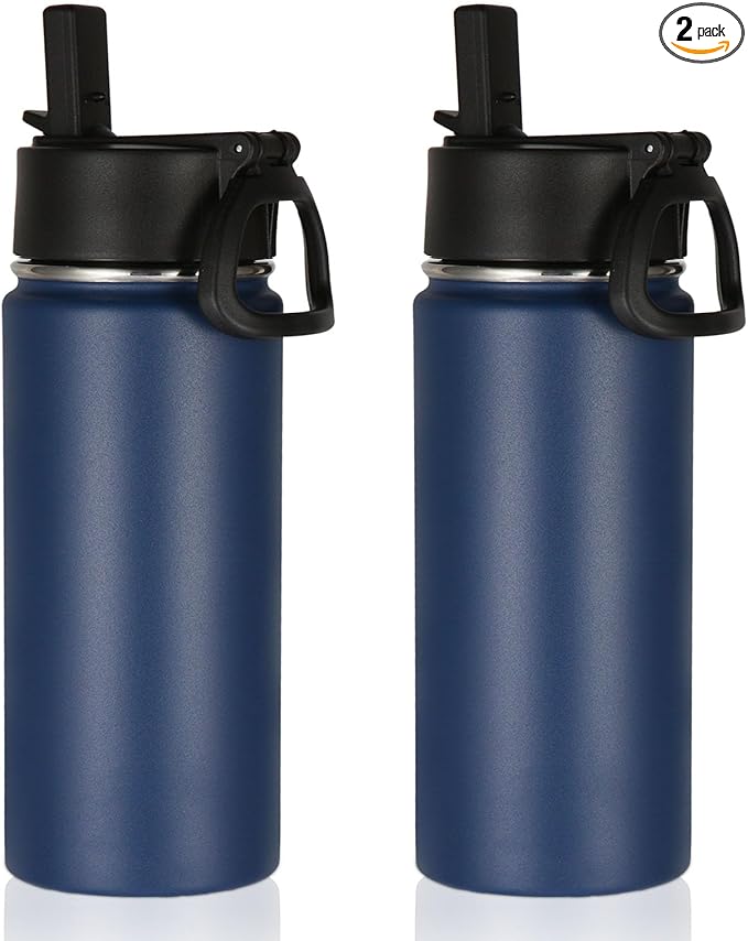 Volhoply 16 OZ Kids Water Bottle Bulk 2 Pack,Insulated Sports Bottles with Straw Lid,Stainless Steel Bottle with Handle Keep Cold & Hot,Double Wall Vacuum Tumbler Cups for School,Girls(Navy, 2)