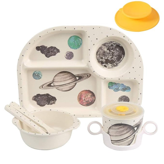 shopwithgreen 7Pcs/Set Bamboo Kids Dinnerware Set - Children Dishes - Food Plate Bowl Cup Spoon Fork Set Dishware, Cartoon Tableware, Dishwasher Safe Kids Healthy Mealtime, BPA Free